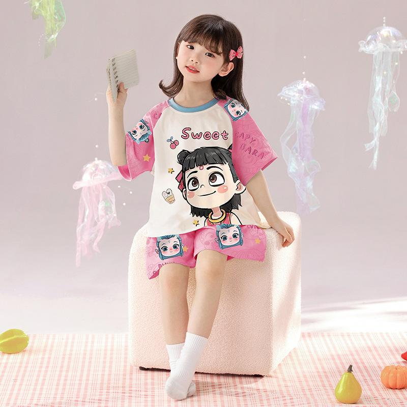 Girls Ice Silk Cool Short Sleeve 2-Piece Pajama Set Summer Breathable Round Neck Sleepwear