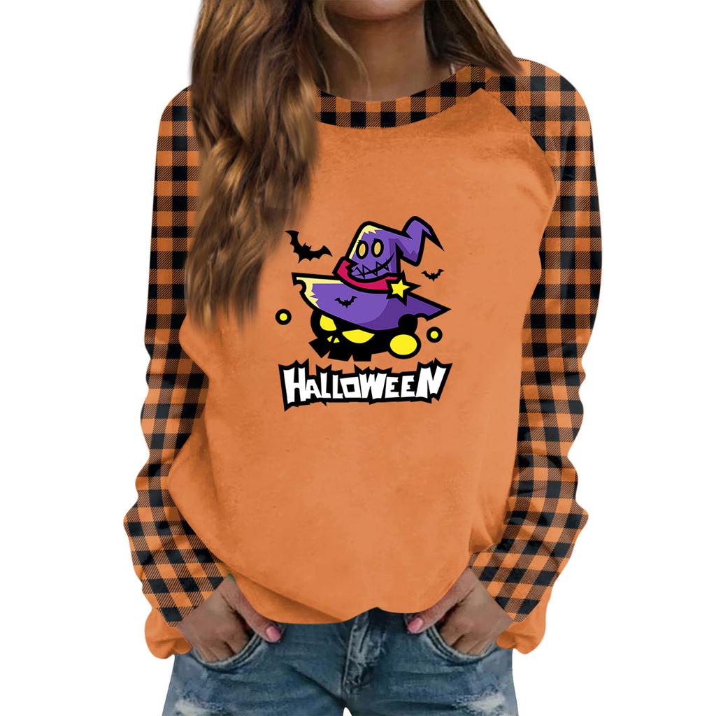 Women's Long Sleeve Crewneck Top with Halloween Print for Casual Fashion