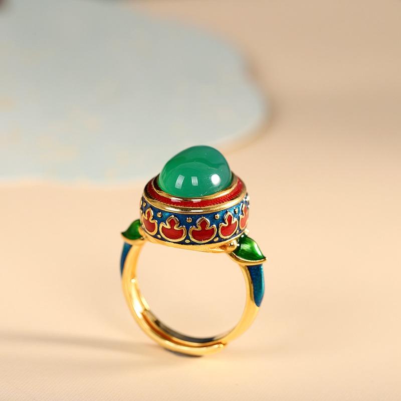 Exquisite Enamel Colored Ancient Gold Craft Natural Carnelian Ring New In Green Rings For Women Engagement Wedding Jewelry