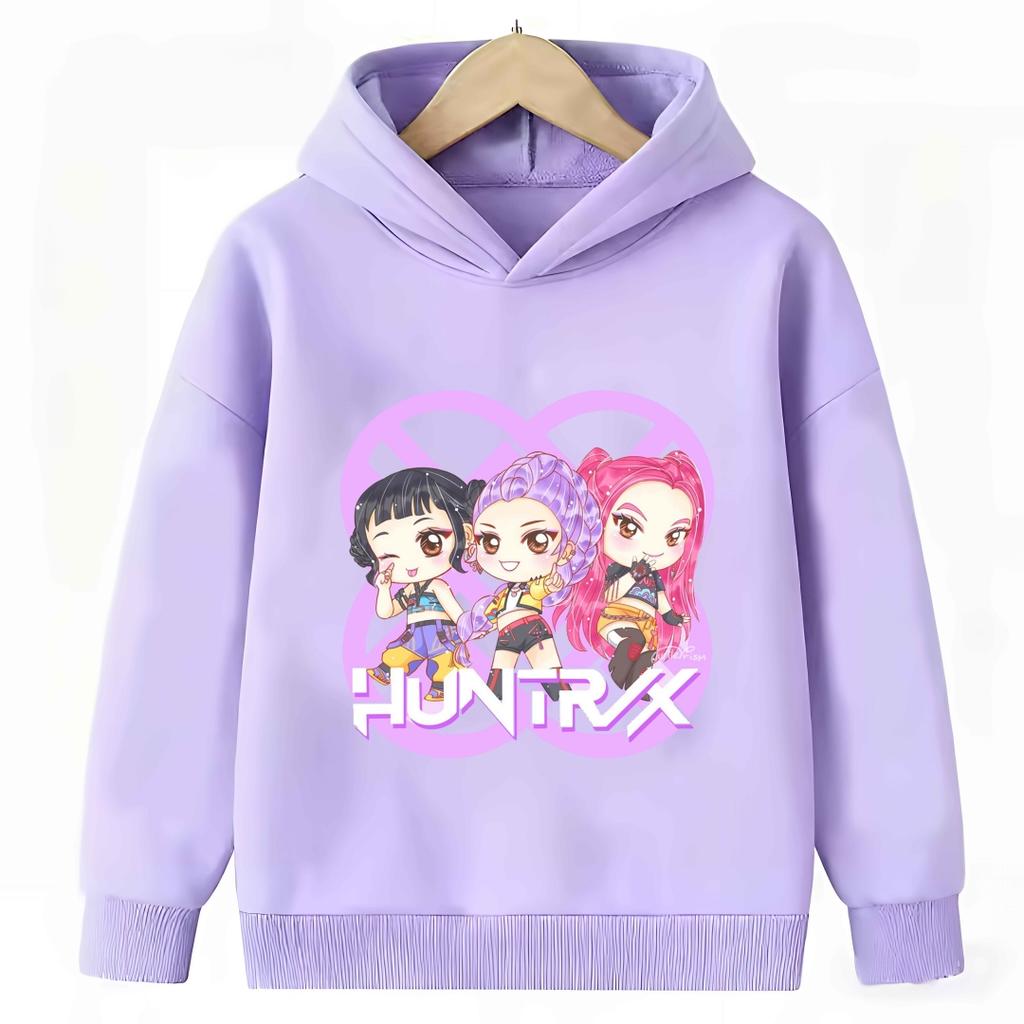 KPop Demon Hunter Cartoon Girls Boy Hooded Sweatshirt Warm Children's Purple Sweatshirt Fashion Casual Tops Girls Clothing