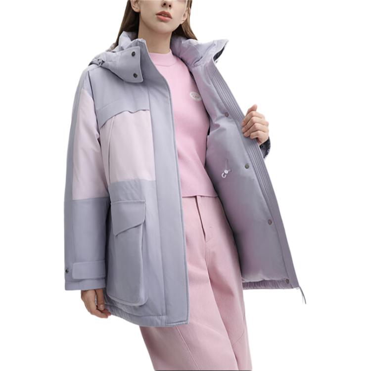 Fila Original Fashion Color Block Casual Loose Waterproof Stain Resistant Hooded Warm Long Sleeve Down Jacket Women Outerwear F51W449903F-GY