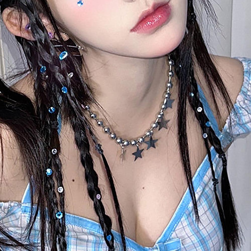 Y2K Copper Star Pearl Pendant Necklace Choker Simple Clavicle Chain Adjustable Cute Stainless Steel Zircon for Women Girl Gifts