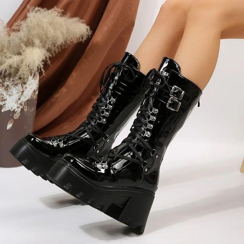 Stivali Invernali da Donna alla Moda a Tubo Medio con Lacci con Zeppa Alta a Plateau Stivali da Donna alla Moda Monocromatici