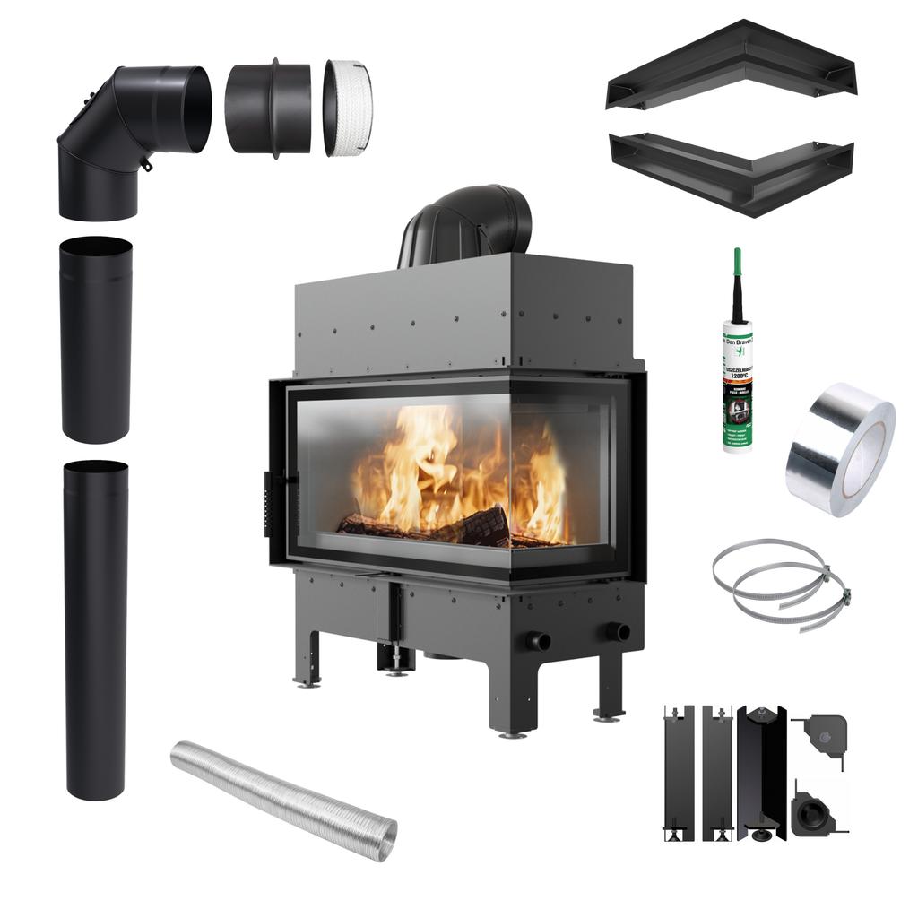 Corner Fireplace KRATKI FLOKI Right 12kW Ø200 Black Closing Installation Kit