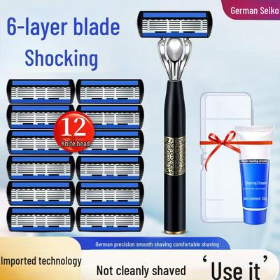 Rasoio da uomo a 6 strati con supporto e 12 lame di ricambio