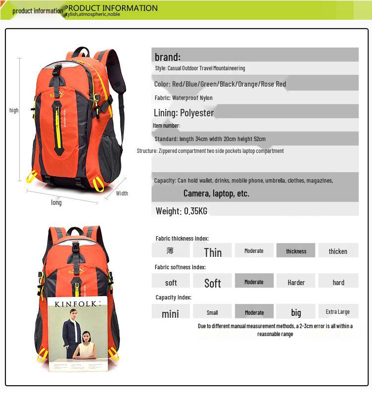 Men's Water-Resistant Lightweight Mountaineering Backpack - High Capacity, Durable, Dual-Shoulder Design for Outdoor and Casual Sports