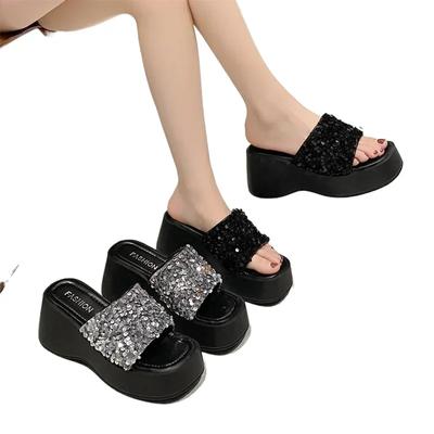 Fashion Summer Sandals Bling Leather High Platform Trainers Breathable Casual Slippers Shoes Woman 7CM Heels Wedge Slippers Zhuoya3235