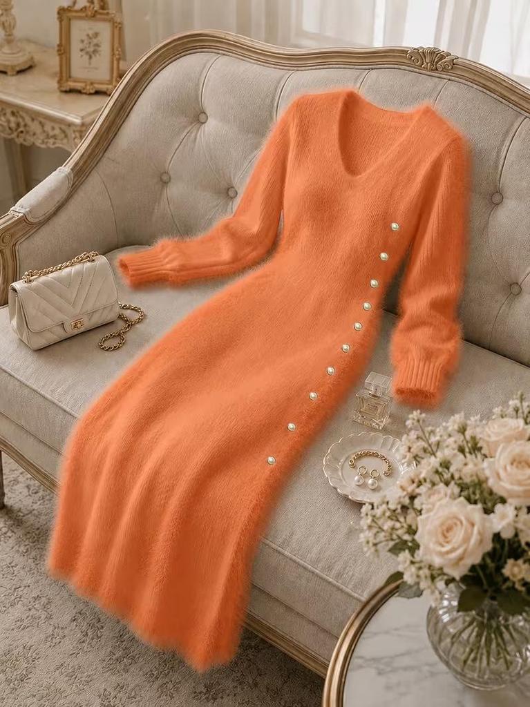 Women's V-Neck Long Sleeve Button-Down Knit Sweater Dress for Autumn/Winter