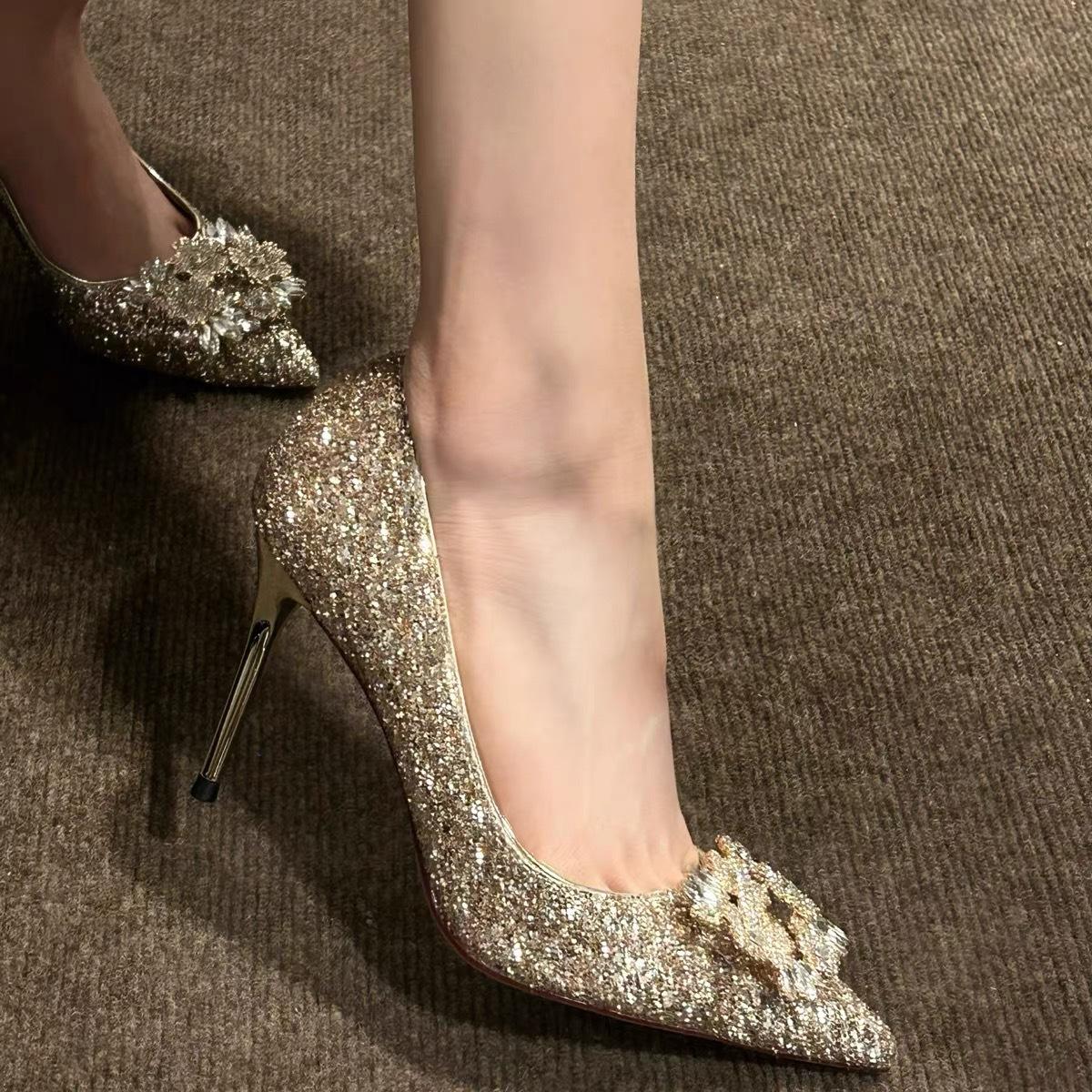 

Wedding shoes Xiuhe wedding dress two wear rhinestone crystal shoes adult ceremony sequins high heels bridal shoes pointed new single shoes 40