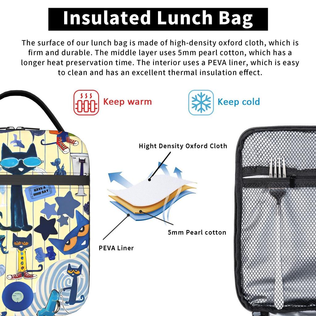 Pete the Cat  Insulated Lunch Bags Portable Cartoon  Reusable Cooler Bag Tote Lunch Box College  Travel Men Women