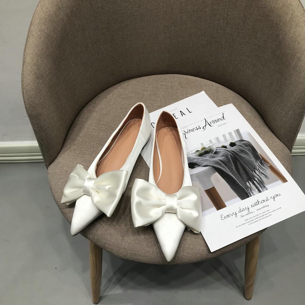 Fashion Flat Shoes Women 2025 Spring Autumn New Fashion Pointed Shallow Mouth Bow Silk Plus Size 43 44 Women's Shoes Zapatos De Mujer