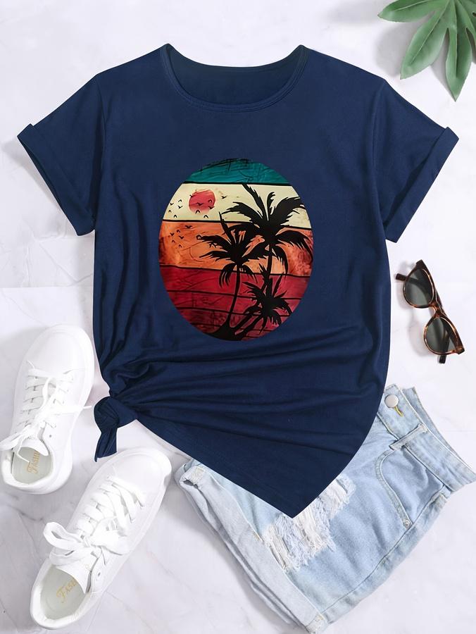 Women Retro Sunset Palm Tree Graphic T-Shirt Summer Beach Casual Crew Neck Short Sleeve Tee Vacation Tops