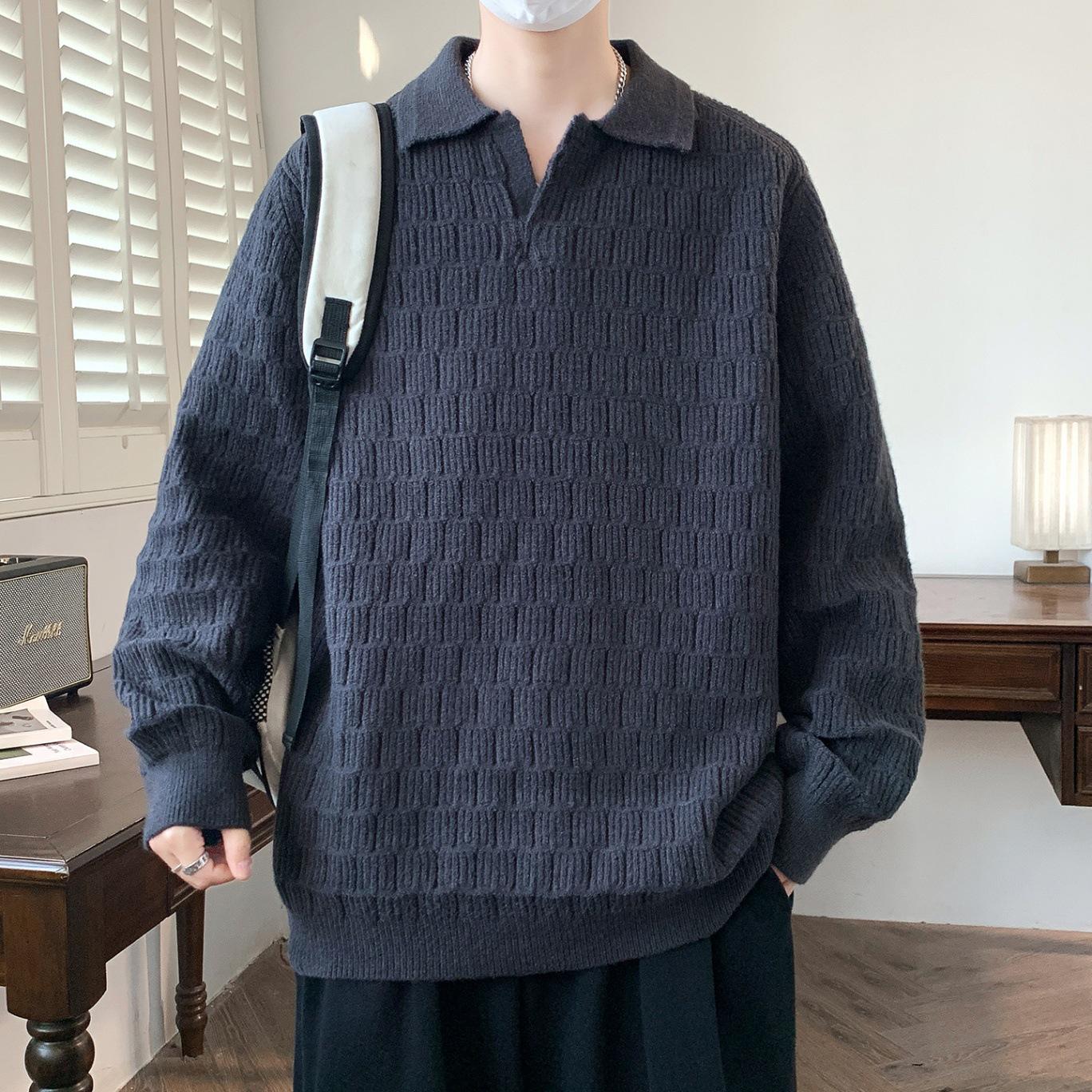 Men s Autumn/Winter Korean Style Thick Knit Jacquard Polo Pullover Sweater 2XL