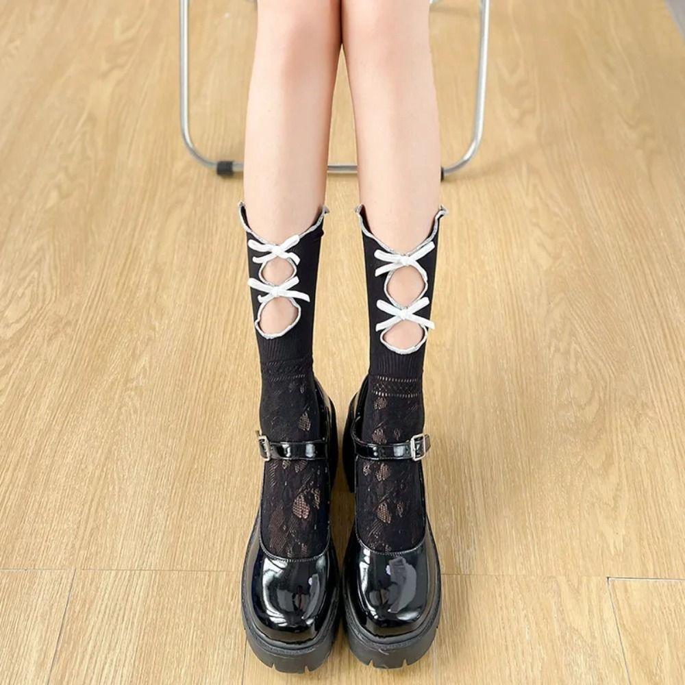 Cute Flocking Bow Fishnet Sock Double-layer French Retro Vintage Socks New Cool Women Socks
