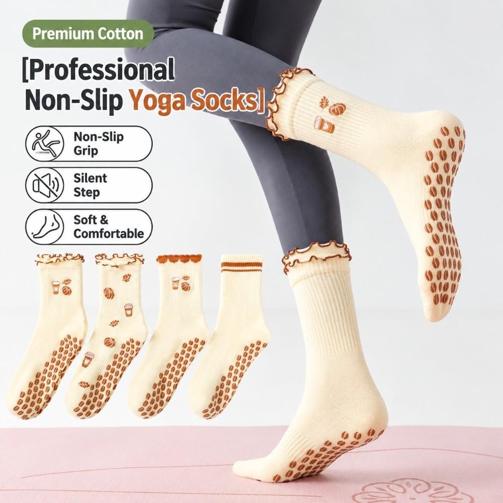 Pumpkin Embroidery Pilates Socks Non-Slip Cuffed Mid Tube Socks Professional Floor Socks for Women