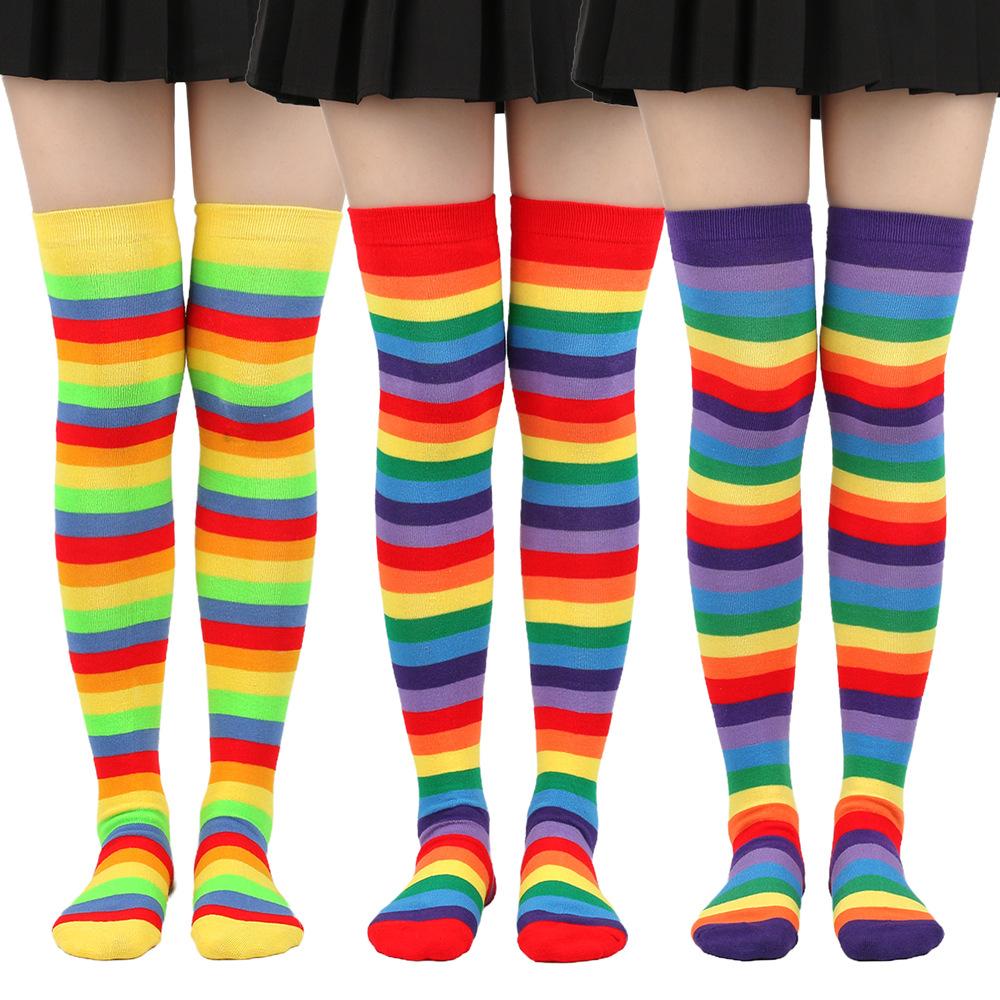 Rainbow Striped Long Tube Socks Over-the-Knee Socks Women Festival Party Costume Accessories Performance Dance Colorful Striped Socks Wholesale