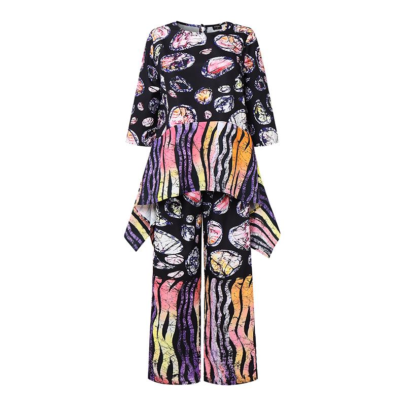 Oversized dame sett Halv erm Trykk Uregelmessig bluse og Lange bukser drakter