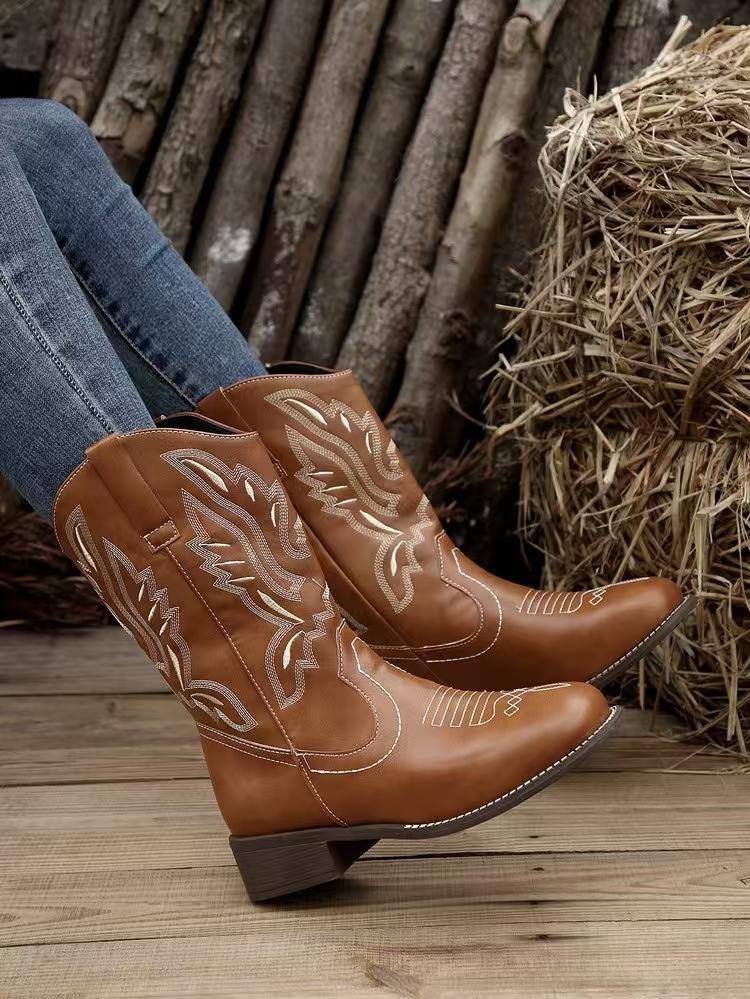 Embroidered White Western Boots Women Autumn Slip on High Heels Cowboy Boots Woman Plus Size 42 Pointed Toe Mid Calf Botas