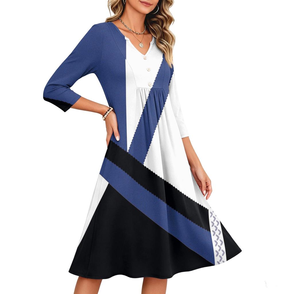 Damen Casual Kleid mit Blumenprint, V-Ausschnitt und 3/4 Ärmeln