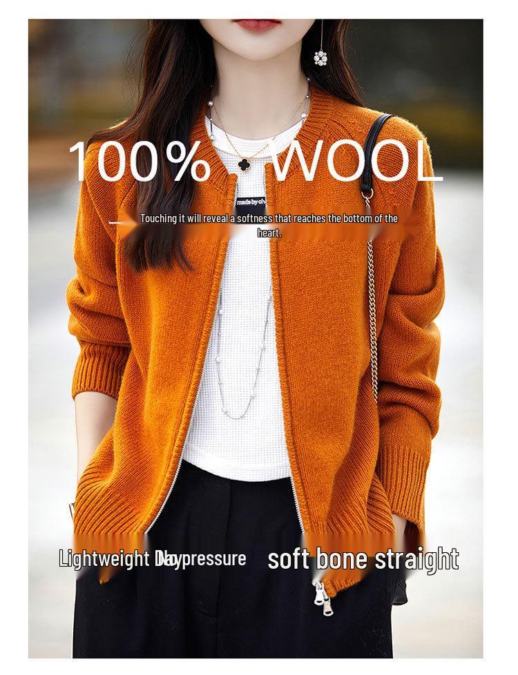 Women's Round Neck Double Zipper Thick Knit Cardigan Sweater, Loose Fit, Japanese Korean Casual Style