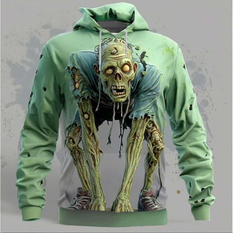 Mens Loose Fit Hooded Sweatshirt Halloween Horror Cartoon Print Long Sleeve Pullover Teens Adults