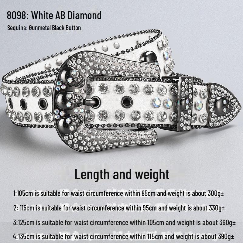 Curea de lux cu cataramă cu strasuri și craniu închis la culoare, cu paiete și diamante