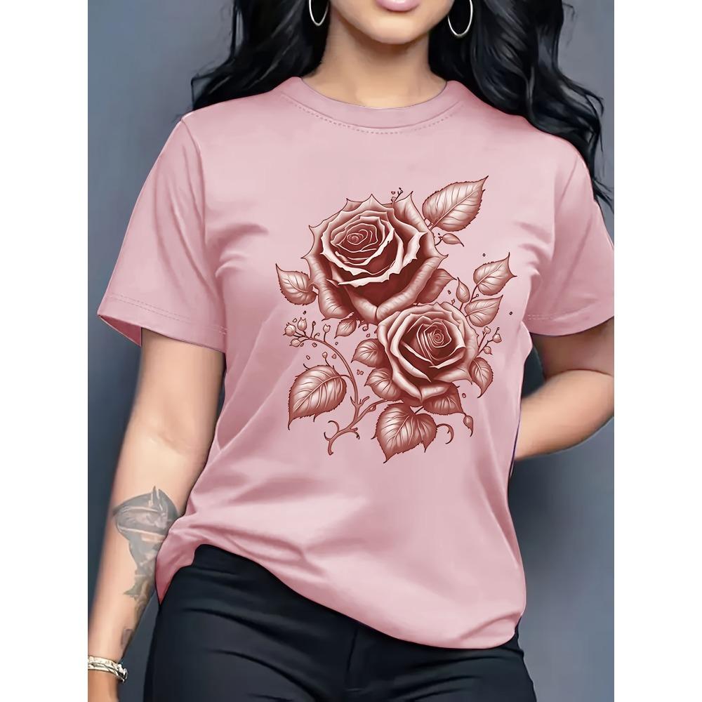 

Rose Print T-shirt Women Round Neck T-Shirt Simple Design Versatile Suitable for Daily Leisure Showing Natural Elegant Style M
