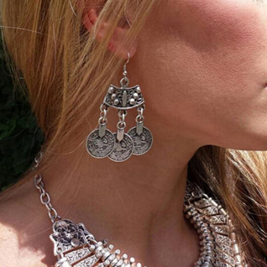 Women's Ethnic Jewelry Vintage Coins Drop Dangle Hook Long Chandelier Earrings
