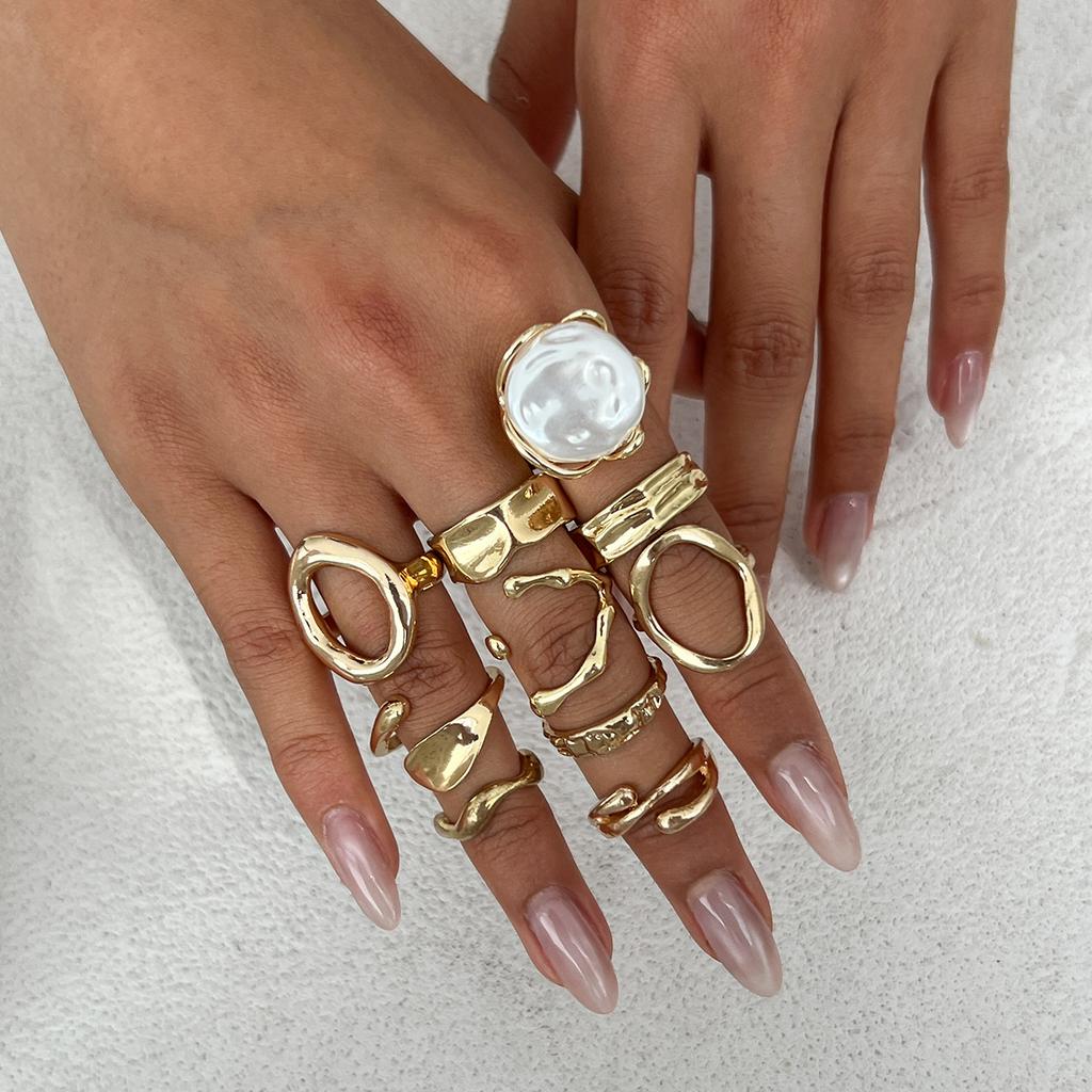 DIEZI One Set Vintage Gold Silver Color Imitation Pearl Hollow Out Rings For Women Men Punk Hip Hop Knuckle Joint Ring Set