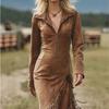 European and American women's clothing, autumn clothing, new solid color lapel zipper fringed dress, long dress.