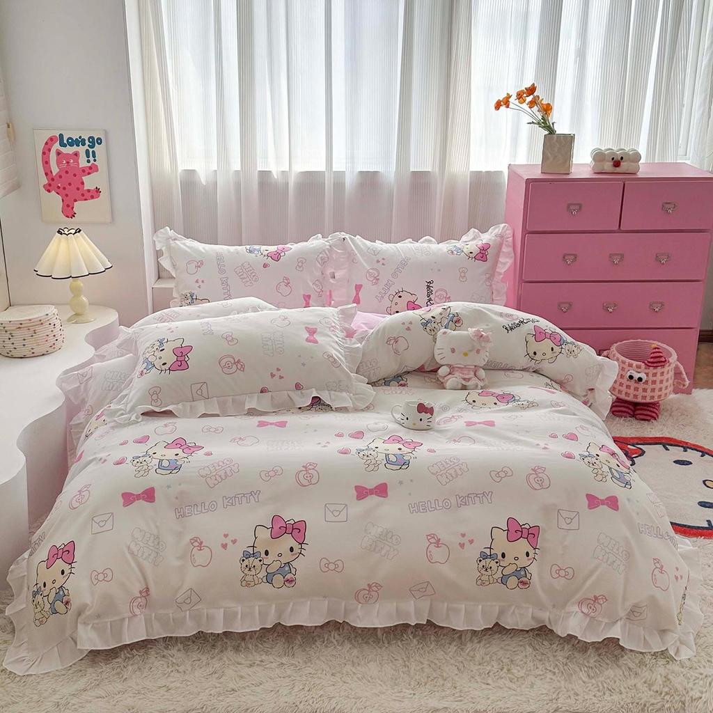 Official Sanrio Hello Kitty All-Cotton 4-Piece Bedding Set - Sheet, Pillowcase & Bed Skirt for Dorms