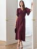 Elegant V-Neck Summer Evening Dress with Cinched Waist and Slit, Short Sleeve