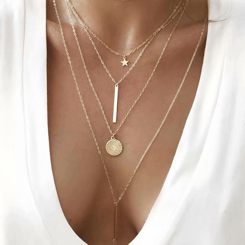 Bohemian Crescent Moon Star Multi Layered Necklaces For Women Choker Vintage Coin Cross Pendant Necklace Statement Jewelry 2024