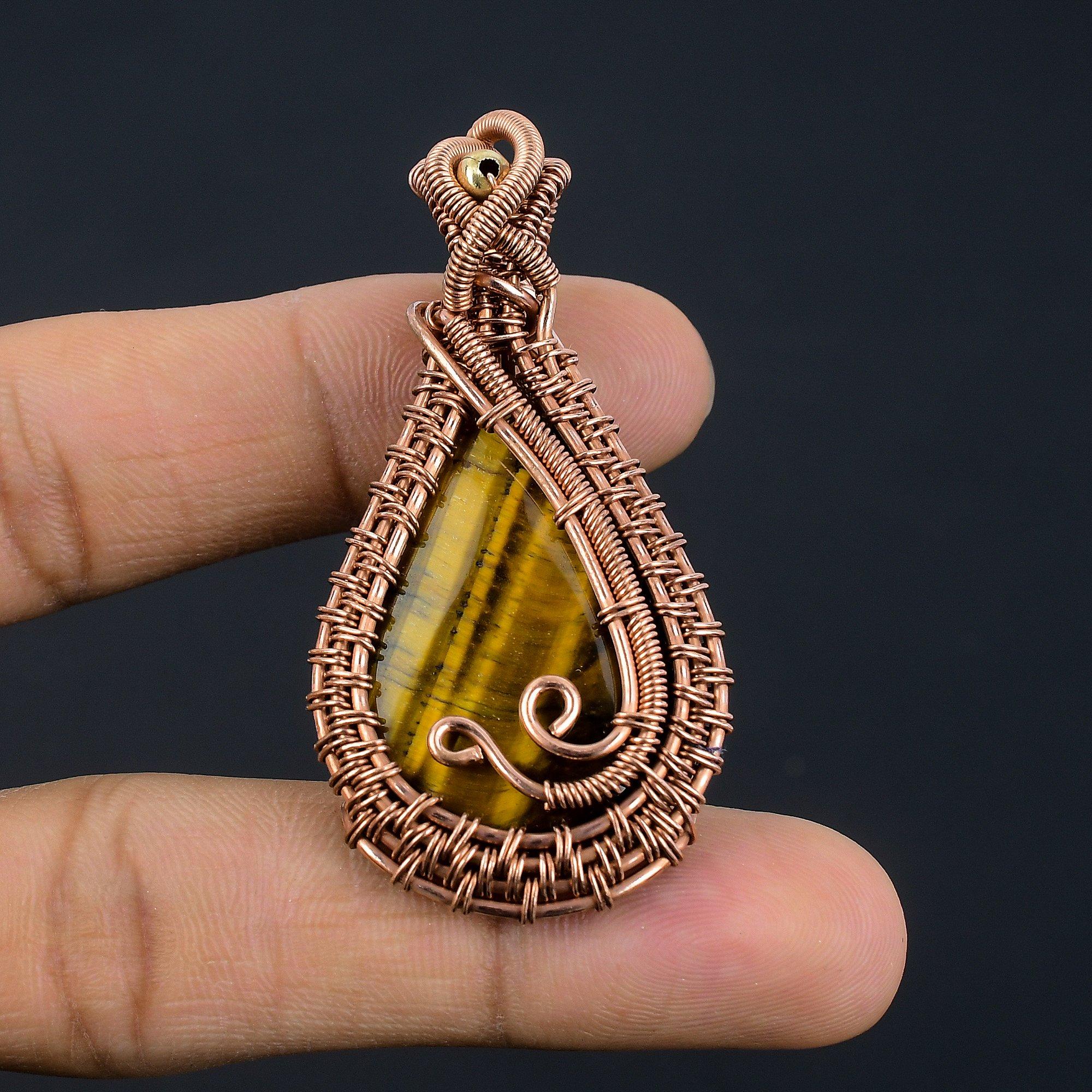 

Подвеска Тигровый глаз, Подвеска из драгоценного камня ручной работы, обернутая медной проволокой 999 пробы, Антикварное украшение, Для подарка, Серебряное украшение 2.55 Inches