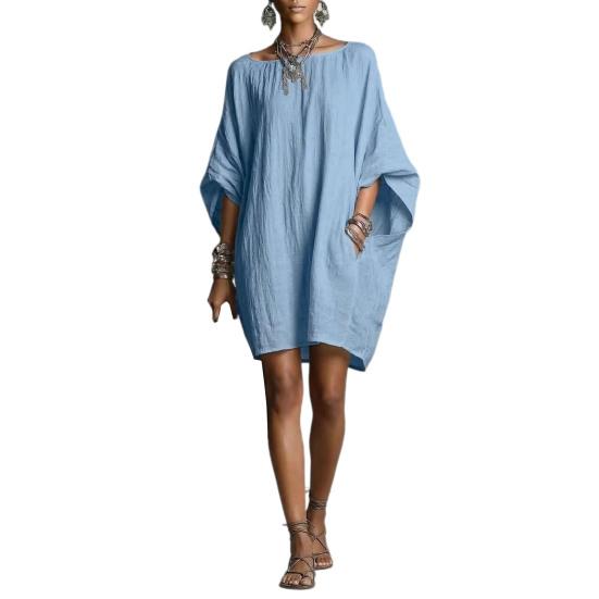 Women s Casual 46085 Sleeve Loose Dress Boat Neck Summer Mini M небесно-голубой