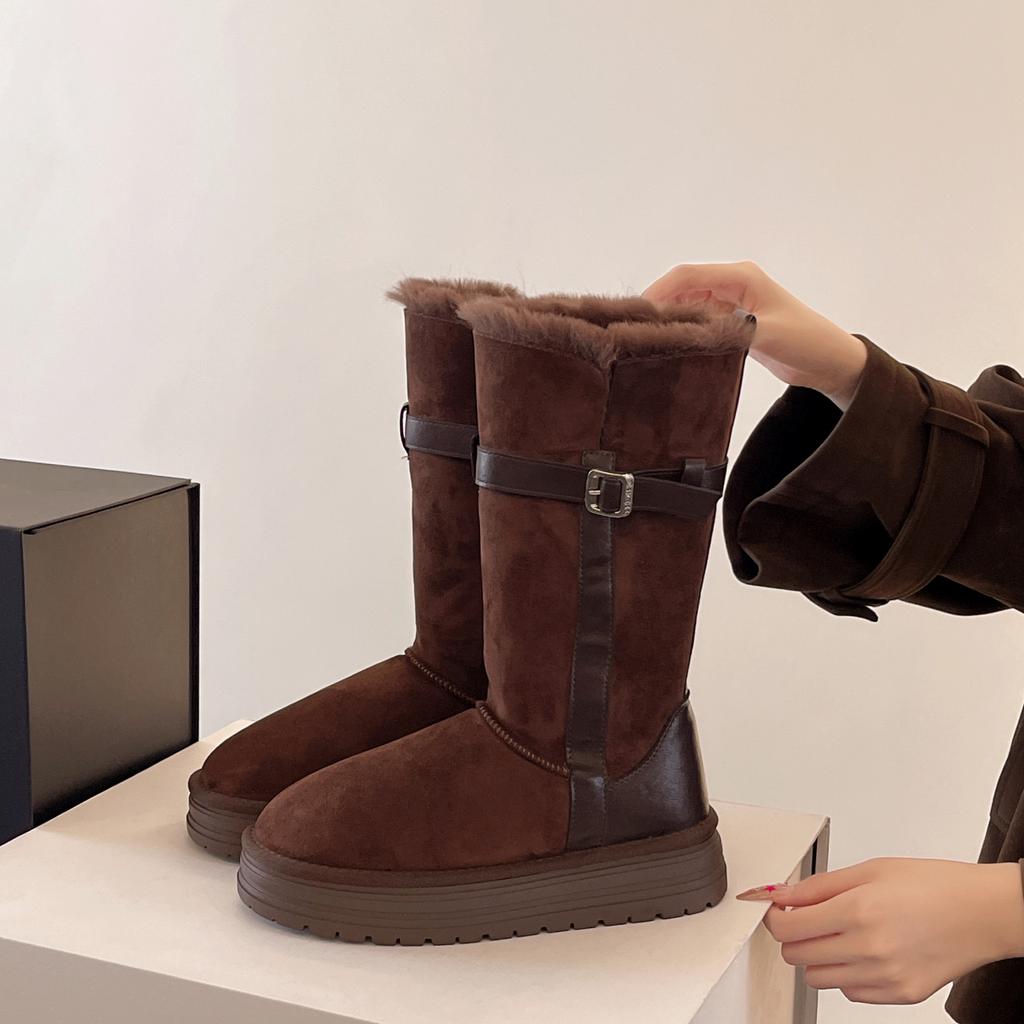 Muse Leather Buckle Two Wear Fur Integrated Snow Boots 2025 New High-top Women's Winter Cotton Shoes Boots