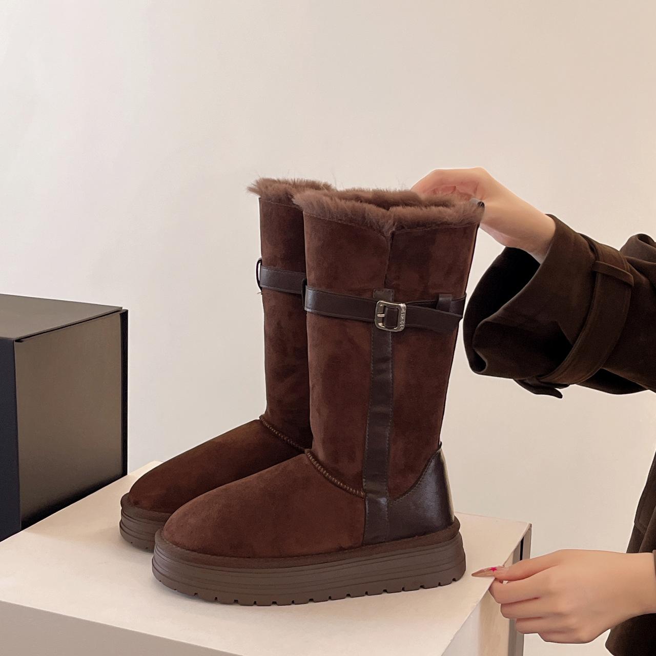 

Muse кожаная пряжка два способа носки мех интегрированные зимние ботинки 2025 новые женские зимние хлопковые ботинки на высокой платформе 40 кофейный