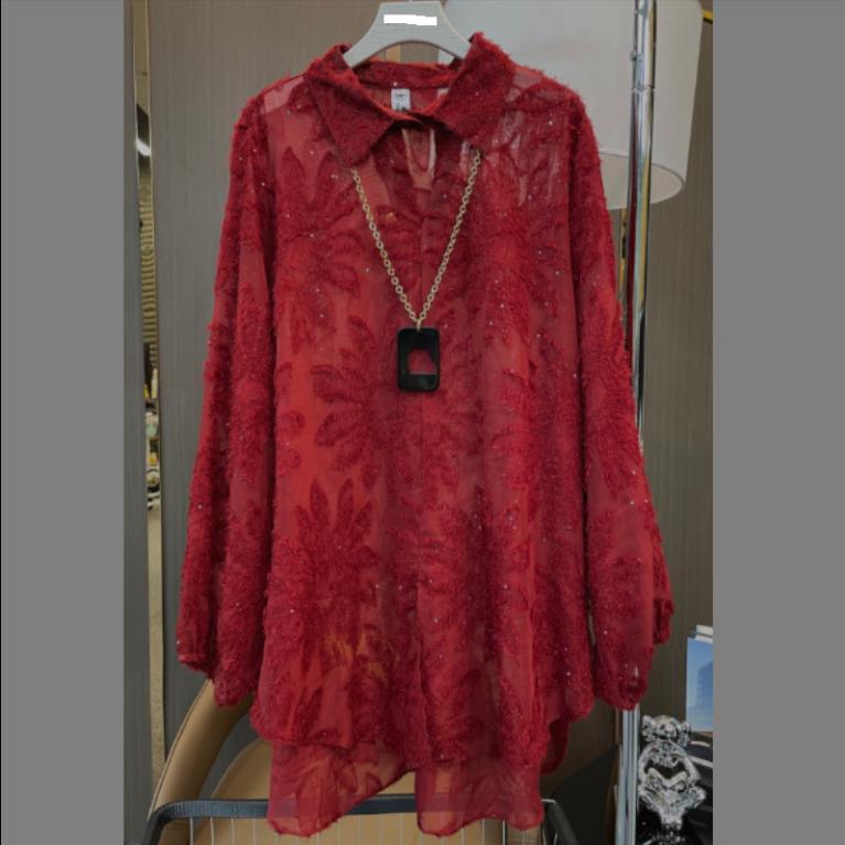 Spring and Summer Jacquard and Slim and Fashionable Mid-length Long-sleeved Shirt Button Cardigan Loose and Elegant Top