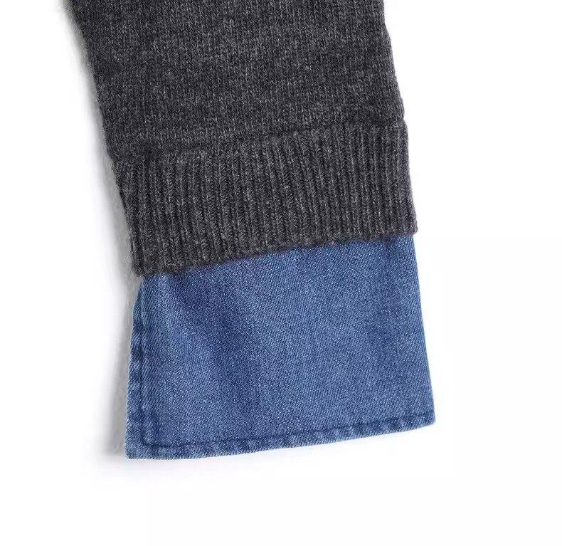 Korean Retro Denim Patchwork Knit Sweater – Women's Long Sleeve, Two-Piece Look
