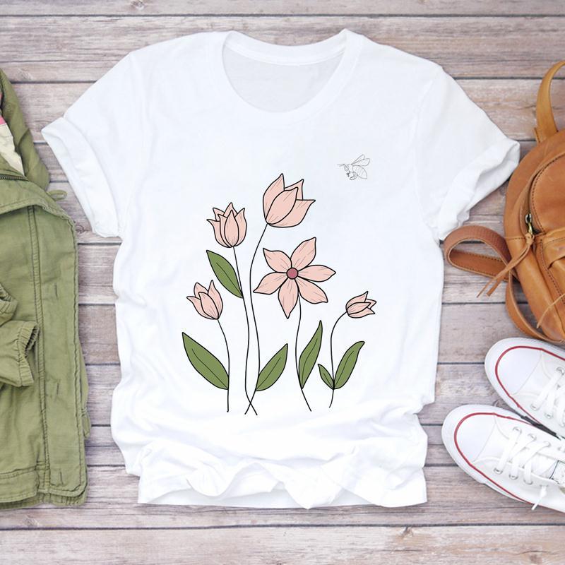 Summer Round Neck Floral Print Top Fashionable Casual Short Sleeved Women's Pure Cotton T-shirts