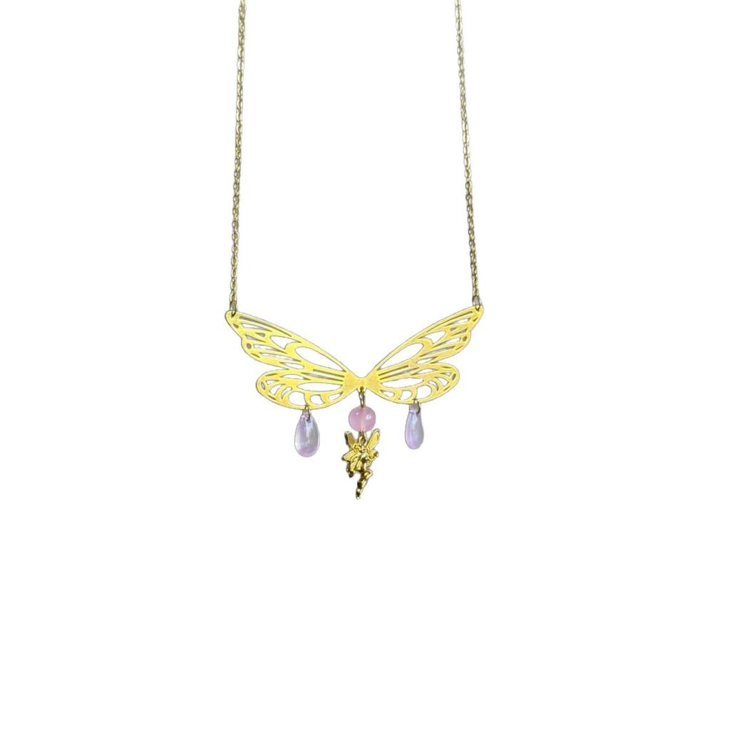 Gold Butterfly Wing Necklace for Women - Fairy Crystal Goddess Pendant Original Design Jewelry