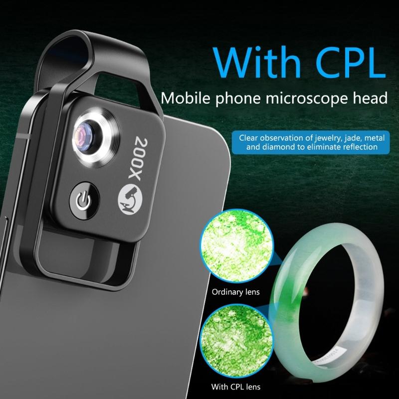 200X LED Lighted Pocket Microscope with Builtin LED Universally Smartphone Digiscoping Adapter Clip Macro Lens