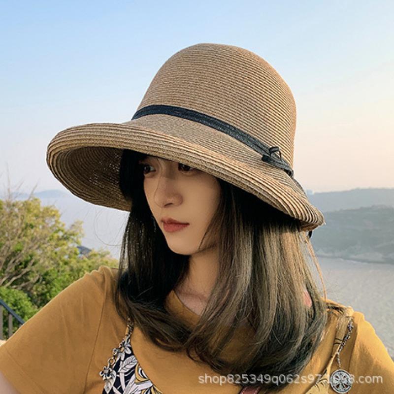 Sunscreen straw hat women's summer foldable beach hat women's seaside vacation sunshade bucket hat bow basin hat