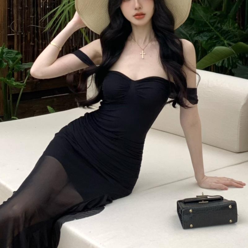 One-word Shoulder Black Sleeveless Tube Top Dress Women's Summer Mesh Stitching Fishtail Skirt Slim Skirt Hip-wrapped Long Dress