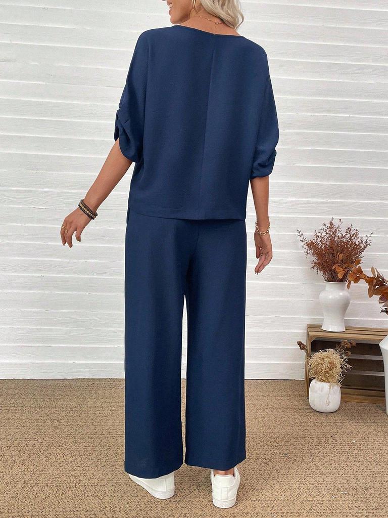 European & American Fashion 2025 Casual Set: Crew Neck Top + Vertical Wide-Leg Pants