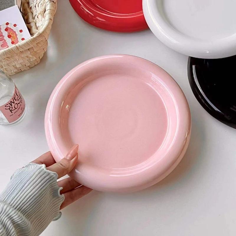 Round Ceramic Plate Solid Color Wind Thick Edge Western Plate Creative Nordic Style Tableware Dessert Plate Steak Pasta Plates