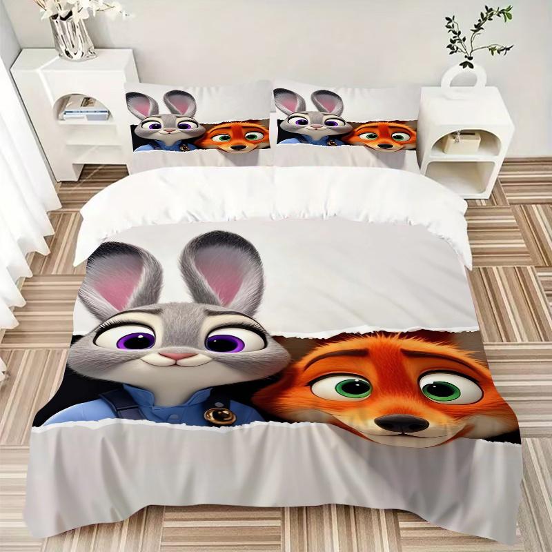 Juego de Ropa de Cama con Estampado de Judy y Nick Zootopia de 3 Piezas, 1* Funda Nórdica + 2* Fundas de Almohada, Juego de Ropa de Cama Estampado, Suave y Cómodo