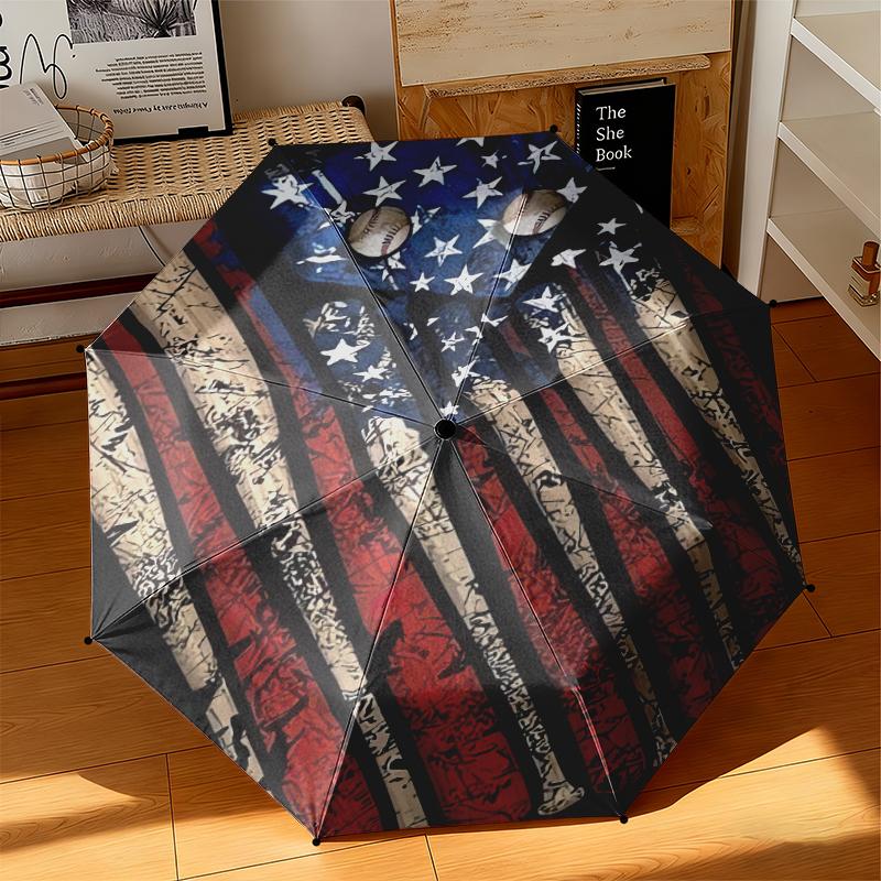 1pc American flag, baseball, and guitar Umbrella Portable Folding Umbrella Iron Frame Hole Bone Structure Outdoor Home Umbrella