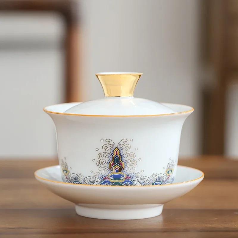 Chinese white porcelain covered bowl pot handmade ceramic household tea bowl portable tea pot