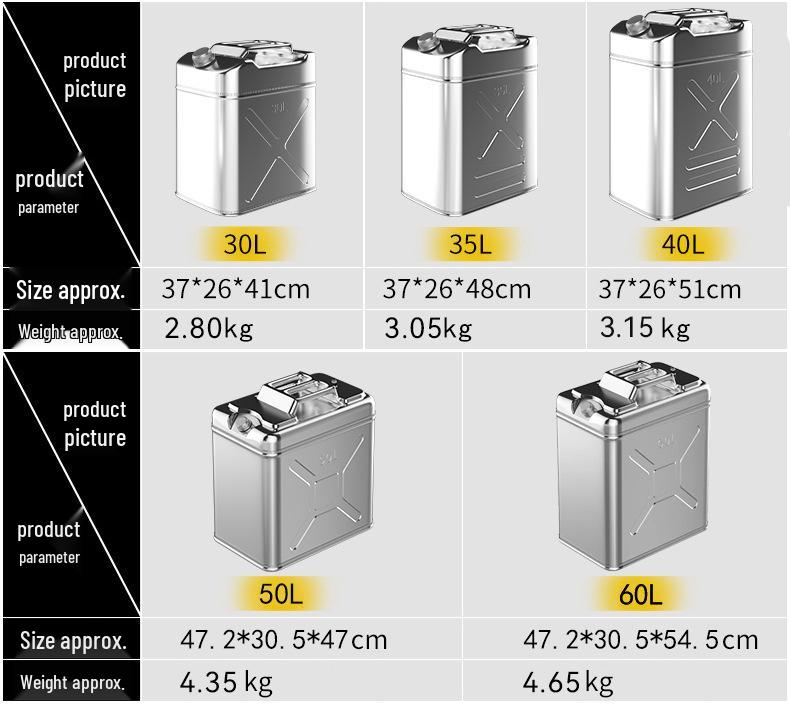 Stainless Steel Fuel Can - 304 Gasoline & Diesel, 10L/20L/30L, Thickened Portable Car Spare Tank